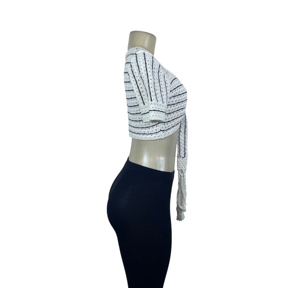 & Other Stories Womens White/Black Crochet Crop Top Tie Front Short Sleeve Sz S - Picture 2 of 6